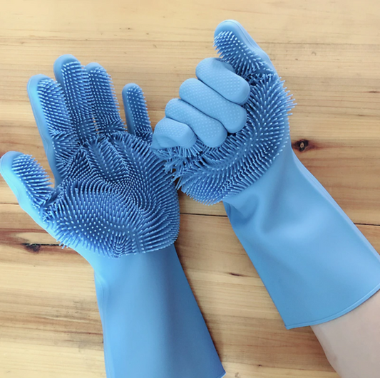 Super Silicone Scrubber Rubber Cleaning Gloves Food Grade Dish washing, Magic Glove For Kitchen Bathroom Pet Care Grooming Hair