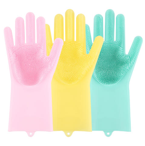 Super Silicone Scrubber Rubber Cleaning Gloves Food Grade Dish washing, Magic Glove For Kitchen Bathroom Pet Care Grooming Hair