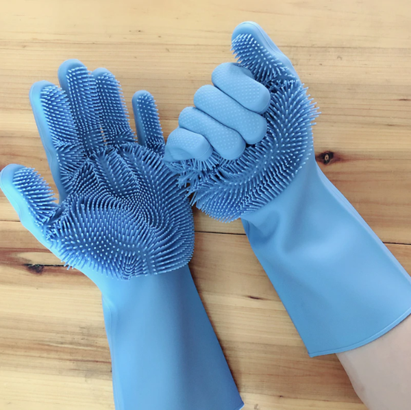 Super Silicone Scrubber Rubber Cleaning Gloves Food Grade Dish washing, Magic Glove For Kitchen Bathroom Pet Care Grooming Hair
