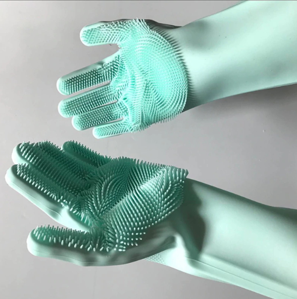 Super Silicone Scrubber Rubber Cleaning Gloves Food Grade Dish washing, Magic Glove For Kitchen Bathroom Pet Care Grooming Hair