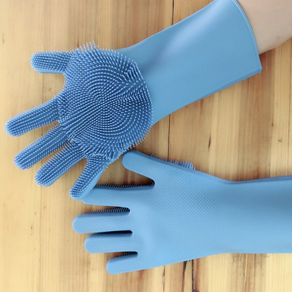 Super Silicone Scrubber Rubber Cleaning Gloves Food Grade Dish washing, Magic Glove For Kitchen Bathroom Pet Care Grooming Hair