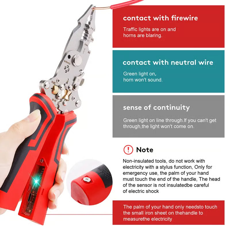 🔥LAST DAY SALE 49% OFF-🛠️16 in 1 Wire Stripper Twister for Cutting and Pulling Wires,Cable Scissors,Voltage Tester Pliers, 12V to 250V Live,Null,Hot Wire Judgment AC DC, Audible and Flashing LED Alarms