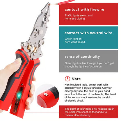 🔥LAST DAY SALE 49% OFF-🛠️16 in 1 Wire Stripper Twister for Cutting and Pulling Wires,Cable Scissors,Voltage Tester Pliers, 12V to 250V Live,Null,Hot Wire Judgment AC DC, Audible and Flashing LED Alarms
