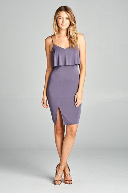 Ruffle Front Slit Bodycon Dress